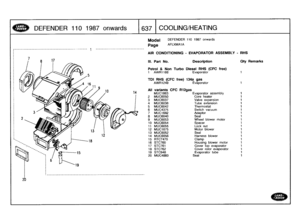 Page 638
DEFENDER
110
1987
onwards

	

1637
1
COOLING/
HEATIN
G

Model

Page

DEFENDER
110
1987
onwards

AFLXMA1A

AIR
CONDITIONING
-
EVAPORATOR
ASSEMBLY
-
RHS

III
.
Part
No
.

	

Description

	

Oty
Remarks

Petrol
&
Non
Turbo
Diesel
RHS
(CFC
free)
1
AWR1168
Evaporator
1

TDI
RHS
(CFC
free)
134a
gas
AWR1249
Evaporator

All
variants
CFC
R12gas
MUC1663
Evaporator
assembly
1
2
MUC6050
Core
heater
1
3
MUC6037
Valveexpansion
1
4
MUC6038
Tube
extension
1
5
MUC6042
Thermostat
1
6
MUC4375
Switch
vacuum
1
7
MUC1682...