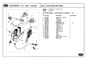 Page 641
DEFENDER
11
0
1
98
7
on
w
ards

	

1640
COOLING/HEATING

Model

	

DEFENDER
110
1987
onwards

Page
ADLXMA2A

AIR
CONDITIONING
-
HEATER/COOLER
ASSEMBLY
-
LHS

III
.
Part
No
.
Description
Oty
Remarks

1
RTC7588
Heater/Cooler
Assembly
1
2
RTC7456
Resistor
1
3
RTC7433
Core
heater
1
4
RTC7434
Thermostat
1
5
RTC7436
Evaporator
1
AWR1177
Evaporator(cfc
free)
1
AWR1242
Evaporator(cfc
free)
1
TDI
6
AEU1213
Valveexpansion
1
7
AEU1214
Clamp
1
8
RTC7458
Pipe
assembly
1
9
RTC7457
Coupling
1
10
AEU3055
Valve
service...