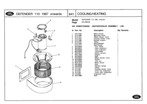 Page 642
DEFENDER
110
1987
onwards

	

1641
1
COO
LING/HEATING

Model

	

DEFENDER
110
1987
onwards

Page
ADLXMA3A

AIR
CONDITIONING
-
HEATERICOOLER
ASSEMBLY
-
LHS

III
.
Part
No
.
Description
Oty
Remarks

1
RTC7440
Motorblower
1
2
RTC7468
Mounting
motor
1
3
RTC7441
Wheel
blower
motor
1
4
RTC7442
Housingblowermotor
1
5
RTC7469
Bracket
support
36
RTC7470
Clamp
1
7
RTC7446
Seal-bulkhead
1
RTC7474
Seal-firewall
1
2
MUC6050
Core
heater
1
3
MUC6037
Valve
expansion
1
4
MUC6038
Tube
extension
1
5
MUC6042
Thermostat
1...