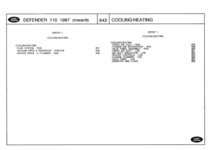 Page 644
DEFENDER
110
1987
onwards
1643
I
COOLING/HEATING

GROUP
L

COOLING/HEATING
COOLING/HEATING
FLUID
SYSTEM
-
RHS

VACUUM
PIPES
&RESERVOIR
-
RHS/LHS

HEATER
PIPES
-
4
CYLINDER
-
RHS

GROUP
L

COOLING/HEATING
COOLING/HEATING
FRESH
AIR
DUCT
-
RHS
658
PLENUM
659
DEFROSTERS
-
RHS
659647
FACIA
PANEL
ASSEMBLY
-
RHS
660
648
FRESH
AIR
DUCT
-
LHS
661
649
AIR
DUCT
INSULATION
-
LHS
662
HEATERCONTROLS
-LHS
663
PLENUM
CHAMBER
-
LHS
664
FACIA
PANEL
-
LHS
665
DEMISTER
AND
FLAPS
666 