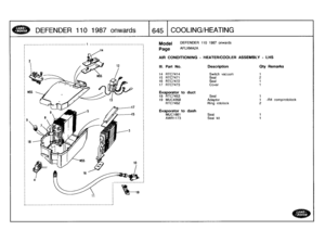 Page 646
DEFENDER
110
1987
onwards

	

1645
COOLING/HEATING

Model

	

DEFENDER
110
1987
onwards

Page
AFLXMA2A
AIR
CONDITIONING
-
HEATER/COOLER
ASSEMBLY
-
LHS

rotolock

III
.
Part
No
.
Description
Oty
Remarks

14
RTC7414
Switch
vacuum
1
15
RTC7471
Seal
2
16
RTC7472
Seal
1
17
RTC7473
Cover
1

Evaporator
to
duct
18
RTC7453
Seal
1
19
MUC4358
Adaptor
1
-R4
comp
RTC7452
Ring
rotolock
2

Evaporator
to
dash
MUC1661
Seal
1
AWR1173
Seal
kit
1 