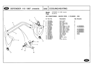 Page 650
DEFENDER
110
1987
onwards

	

1649
COOLING/HEATING

Model

Page

DEFENDER
110
1987
onwards

AFLXPCIA

AIR
CONDITIONING
HEATER
PIPES
-
4
CYLINDER
-
RHS

III
.
Part
No
.
Description
Oty
Remarks

1
NRC6306
Hose
heater
2
2
CN100308L
Clip
hose
2
3
NRC6307
Pipe
heater-feed
1
4
NRC6420
Pipe
heater-return
i
5
CN100258L
Clip
hose
8
6
BTR213
Hose
engine
to
valve
1
UptoMA939975
BTR9400
Hose
engine
to
valve
i
FromMA939976
7
NRC8346
Valve
water
control
1
8
ERC3964
Hose
valve
to
heater
1
UptoMA939975
BTR9401
Hose...