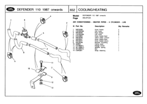 Page 653
DEFENDER
110
1987
onwards

	

16521
COOLING/HEATING

Model

Page

AIR
CONDITIONING
-
HEATER
PIPES
-
4
CYLINDER
-
LHS

DEFENDER
110
1987
onwards

ADLXPC2A

III
.
Part
No
.
Description
Oty
Remarks

1
NSC6306
Hose
heater
22
CNIO0258L
Clip
hose
43
NRC8245
Pipe
heater
24
CN100258L
Clip
hose
65
ERC3964
Hose
heater-feed
1
6
NRC8346
Valve
water
control
i
7
NRC8347
Hose
heater-feed
1
8
NRCB247
Hose
heater-return
1
9
NRC8248
Bracket
mounting
1
10
594637
Clamp
pipe
1
11
FS106201L
Flange
screw
1
12
WL106001L...