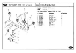 Page 655
DEFENDER
11
0
1
987
onwards

	

1654
COOLING/HEATING

Model

	

DEFENDER
110
1987
onwards

Page
ADLXPC4A

AIR
CONDITIONING
-
HEATER
PIPES
-
V8
-
RHS

III
.
Part
No
.
Description
OIY
Remarks

1
NRC6314
Hose
heater
22
CN100308L
Clip
hose
43NRC6902
Pipe
heater
24
ERC3964
Hose
heater-feed
1
5
CN100258L
Clip
hose10
6
NRC8346
Valvewater
control
1
7
NTC1212
Hose
heater-feed
1
8NRC6308
Hose
heater-return
1
9
NRC6903
Bracketsupport
i
10
NRC6419
Clamp
pipe
1
11
SH106301L
Screw
1
12
WL106001L
Washer
spring
1
13...