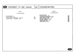 Page 658
DEFENDER
110
1987
onwards

	

1657
COOLING/HEATING

GROUP
L

COOLING/HEATING

COOLING/HEATING
FLUID
SYSTEM
-
RHS

VACUUM
PIPES
&
RESERVOIR
-
RHS/LHS

HEATER
PIPES
-
4
CYLINDER
-
RHS

GROUP
L

COOLING/HEATING
COOLING/HEATING
FRESH
AIR
DUCT
-
RHS
658
PLENUM
659
DEFROSTERS
-
RHS
659
647
FACIA
PANEL
ASSEMBLY
-
RHS
660
648
FRESH
AIR
DUCT
-
LHS
661
649
AIR
DUCT
INSULATION
-
LHS
662
HEATER
CONTROLS-
LHS
663
PLENUM
CHAMBER
-
LHS
664
FACIA
PANEL
-
LHS
665
DEMISTER
AND
FLAPS
666 