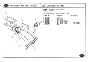 Page 659
DEFENDER
110
1987onwards

	

1658
COOLING/HEATING

Model

Page

AIR
CONDITIONING
-
FRESH
AIR
DUCT
-
RHS

DEFENDER
110
1987
onwards

AFLXRAIA

32911
32912

111
.
Part
No
.
Description
Oty
Remarks

1
MUC1668
Duct
air
1
2MUC4884
Motor
vacuum
t
3
RTC7467
Motor
vacuum
1
4MUC4883
Seal
-
duct
to
wingtop
1
5
MUC4886
Seal
-
duct
to
evaporator
1
6MUC4888
Seal
-
air
duct
to
dash
1
Upto
EA
MWC4860
Seal
-
air
duct
to
dash
1
From
EA
7
RTC7470
Clamp
1 