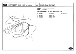 Page 663
DEFENDER
110
1987o
nw
a
r
ds

	

1662
COOLING/HEATING

4

Model

Page

DEFENDER
110
1987
onwards

AFLXRA5A

AIR
CONDITIONING
-
AIR
DUCT
INSULATION
-
LHS

111
.
Part
No
.
Description
Oty
Remarks

1
MUC1657
Insulation
top
1
2
MUC1658
Insulation
bottom
1
3
MUC1659
Insulation
outer
1
4
MUC1660
Insulation
inner
1 