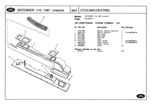 Page 665
DEFEND
E
R
110
1987
onwards

	

16641
COOLING/HEATING

Model

Page

DEFENDER
110
1987
onwards

AFLXRA7A

39976

9975
39976

AIR
CONDITIONING

111
.
Part
No
.

-
PLENUM
CHAMBER
-
LHS

Description
City
Remarks

1
RTC7408
Plenum
chamber
assembly
1
AWR1174
Plenum
extension
1
FromMA
2
RTC7462
Seal
outlet
1
3
RTC7463
Seal
outlet
1
4
RTC7464
Seal
inlet
1
5
RTC7409
Hose
1
6
RTC7415
Panel
closing
1
UptoMA9
AWR1448
Panel
closing
1
FromMA
7
AEU4002
Motor
vacuum
1
8
AB606021
Screw
22

Plenum
chamber
to
toe
box...