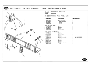 Page 666
DEFENDER
110
1987
onwards

	

1665
COOLING/HEATING

Model

Page

DEFENDER
110
1987
onwards

AFLXRA8A

AIR
CONDITIONING
-
FACIA
PANEL
-
LHS

UptoMA939975
FromMA939976

Facie
to
frontplate
4567

AC608065
ACU5431
AB608051
WC105001

Screw
Nut
lokut
Screw
Washer
plain

2222

Facia
panel
end
finishers8
MTC5581
Finisher
1
9
AW606124
Screw
1
10
WA104004
Washer
plain
1
11
ACU5431
Nut
lokut
1
12
RTC7410
Finisher
assembly
1
AWR1170
Finisher
assembly
1
13
RTC7411
Louvre
1
14
79086
Rivetrokut
1
15
MTC7516
Finisher...