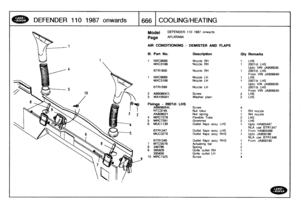 Page 667
DEFENDER
110
1987
onwards

	

1666
1
COOLING/HEATING

Model

	

DEFENDER
110
1987
onwards

Page
AFLXRA9A

AIR
CONDITIONING
-
DEMISTER
AND
FLAPS

S
JA906639
S
JA906640

S
JA906639
S
JA906640
05497
BTR1347
05498
08189
BTR1348
08190

III
.
Part
No
.
Description
Oty
Remarks

1
NRC9668
Nozzle
RH
1
LHS
MXC3188
Nozzle
RH
1
200TdiL
Upto
VIN
BTR1600
Nozzle
RH
t
200TdiL
From
VIN
1
NRC9669
Nozzle
LH
1
LHS
MXC3189
Nozzle
LH
1
200TdiL
Upto
VIN
BTR1599
Nozzle
LH
1
200TdiL
From
VIN
2
AB608047L
Screw
2
LHS
3
WA105001...