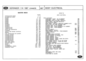 Page 668
DEFENDER
110
1987
onwards
:
667
BODY
ELECTRICAL

INTRODUCTION
PAGES
ALPHABETICAL
INDEX
ENGINE
ENGINEENGINE
ENGINEENGINEENGINE
GEARBOXGEARBOX
GEARBOX

TRANSFER
BOX
TRANSFER
BOX
AXLES
AND
SUSPENSION
STEERING
VEHICLE
AND
ENGINE
CONTROLS
BRAKES

FUEL
SYSTEM
AND
AIR
CLEANER
EXHAUST
SYSTEM

COOLING/HEATINGCOOLING/HEATINGCOOLING/HEATINGCOOLING/HEATINGCOOLING/HEATING
BODY
ELECTRICAL
BODY
AND
CHASSIS
INTERIOR
TRIM

SEATS
STOWAGE
ACCESSORIES
-
PAINTS
NUMERICAL
INDEX

MASTER
INDEX

PAGES
1-7

8
-
16
17-66
GROUP
M...