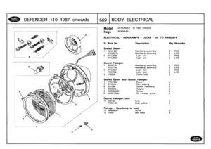 Page 670
DEFENDER
110
1987
onwards
J669
BODY
ELECTRICAL

Model

Page

ELECTRICAL
-
HEADLAMPS
-
LUCAS
-
UP
TO
KA922614

DEFENDER
110
1987
onwards

AFMXAA1A

III
.
Part
No
.
Description

Sealed
Beam

Qty
Remarks

1
AEU1355
Headlamp
assembly
2
RHS
27HB207L
Headlamp
assembly
2
LHS
2
RTC3682
Light
unit
2
RHS
RTC3683
Light
unit
2
LHS

Quartz
Halogen
1
BAU2144
Headlamp
assembly
2
RHS
AEU1742
Headlamp
assembly
2
LHS
2
RTC4615
Light
Unit
2
RHS
PRC7994
Light
Unit
2
LHS
3
156206
Cover
bulb
2

Sealed
Beam
and
Quartz...