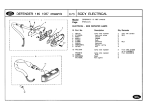 Page 674
DEFENDER
110
1987
onwards

	

1673
BODY
ELECTRICAL

1
2
2

Model

Page

DEFENDER
110
1987
onwards

AFMXAC2A

ELECTRICAL
-
SIDE
REPEATER
LAMPS

111
.
Part
No
.
Description
Qty
Remarks

1
589143
Lamp
side
repeater
2Upto
VIN
331921
2
27H2403L
Lens
and
screw
2
NLS
3
608311
Gasket2
4
608312
Gasket2
5
570822
Bulb2
6
515060
Grommet
2
NLS
7
233243
Grommet
2
8
WM704001L
Washer
spring
49
257203
Nut
4

10
PRC7044Lamp
side
repeater
2
From
VIN
331922up
to
LA939975
PRC9916Lamp
side
repeater
2
From
MA939976
11
570829...