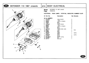 Page 675
DEFENDER
110
1987onwards

	

1674
BODY
ELECTRICAL

1
4

16

-------1
i~

	

1

16

Model

Page

DEFENDER
110
1987
onwards

AFMXAC3A

ELECTRICAL
-
REARLAMPS
-
STOP/TAIL,
INDICATOR,
NUMBER
PLATE

III
.

Up
1

Part
No
.

to
LAS39975
RTC5523

Description

Lamp
stop/tail

City

2

Remarks

2
RTC210
Lens23
608004
Screw
&
Washer
44
264590
Bulb
25
77932
Screw
6
6
RTC5524
Lamp
indicator
27
589202
Lens28
608004
Screw
&
Washer
49
264591
Bulb
210
77932Screw
6
11
AEU1652Lamp
number
plate
1
12
606211
Lens
1
NLS
13...