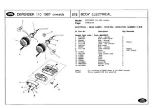 Page 676
DEFENDER
110
1987
onwards

	

1675
BODY
ELECTRICAL

18

Model

Page

DEFENDER
110
1987
onwards

AFMXAC38

ELECTRICAL
-
REAR
LAMPS
-
STOP/TAIL,
INDICATOR,
NUMBER
PLATE

Note(1)

	

For
connection
of
95MY
lamps
to
pre
95MY
harness
.
Note(2)

	

Screws
supplied
with
lens
assembly
.

III
.
Part
No
.
Description
Oty
Remarks

Sealed
light
units
-
From
MA939976
1
STC1230
Lamp
-
stop/tail
22
AMR1422
Bulb
holder
5/21W
23
264590
Bulb
-
stop/tail
24
STC1189
Cable
assembly
2
Note(1)
5
STC1229
Lamp
-
rear
indicator...