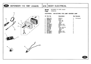 Page 677
DEFENDER
110
1987onwards

	

t676
BODY
ELECTRICAL

Model

	

DEFENDER
110
1987
onwards

Page
AFMXAC4A

ELECTRICAL
-
REFLECTORS,
FOG
LAMP,
REVERSE
LAMP

ar

III
.
Part
No
.
Description
Oty
Remarks

1
MWC1722
Reflector
2
Rectangu
2
AB608047L
Screw
43
PRC2516
Lamp
fog
1
4
RTC4183
Lens
red
1
5
RTC4185
Screw
26
264591
Bulb
1
7
WA105001
L
Washer
plain
2
8
WL105001L
Washer
spring
29
NH105041L
Nut
23
PRC3299
Lamp
reversing
1
4
RTC4184
Lens
clear
1
5
RTC4185
Screw
26
264591
Bulb
1
7
WA105001L
Washer
plain
2
8...