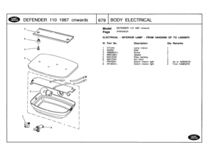 Page 680
DEFENDER
1101987
onwards

	

1679
BODY
ELECTRICAL

Model

	

DEFENDER
110
1987
onwards

Page
AFMXAE2A

ELECTRICAL
-
INTERIOR
LAMP
-
FROM
HA455596
UP
TO
LA939975

903278
03279

III
.
Part
No
.
Description
Oty
Remarks

1
STC251
Lamp
interior1
2
264591
Bulb
1
3
AB606041L
Screw
24
MWC9601
Gasket
1
5
MXC2342
Plate
backing
1
6
MXC2341
Nut
lokut
27
PRC8231
Switch
interior
light
2
Up
to
H8
AFU4241L
Switch
interior
light
2
From
HA 