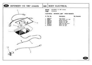 Page 681
DEFENDER
110
1987
onwards

	

1680
BODY
ELECTRICAL

Model

	

DEFENDER
110
1987
onwards

Page
AFMXAE2B

ELECTRICAL
-
INTERIOR
LAMP
-
FROM
MA939976

III
.
Part
No
.
Description
Oty
Remarks

1
AMR3155
Lamp
interior
2
2
586438
Bulb
festoon
12V
10W
2
3AMR3142
Bracket
mounting
2
4AMR3158
Harness
front
light
1
5AMR3322
Harness
rear
light
1
6AMR3727
Cable
rear
light
switch
1
7
AFU4241L
Switch
front
light
2
8
PRC8548
Switch
rear
light
1 