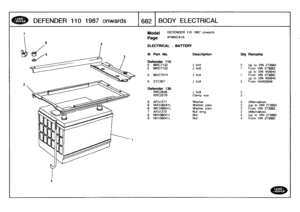 Page 683
DEFENDER
1101987
onwards

	

16821
BODY
ELECTRICAL

5

273882273883
455645
273883
455645
55646

es
N
273882
273883
es
N
273882273883

Model
DEFENDER
110

Page
AFMXCA1A

1987
onwards

ELECTRICAL
-
BATTERY

III
.
Part
No
.
Description
Qty
Remarks

Defender
110
5
MRC7132
J
bolt
Up
to
VIN
5
MRC7132
J
bolt
From
VIN
up
to
VIN
5
MUC7514
J
bolt
t
From
VIN
up
to
VIN
5
STC307
J
bolt
2
From
HA

Defender
130
RRC2636
J
bolt
2
RRC2579
Clamp
eye
2
6
AFU1271
Washer
2
)Alternati
6
WA106041L
Washer
plain
2)up
to
V
6
WC...