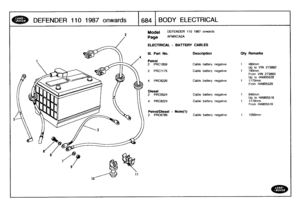 Page 685
DEFENDER
110
1987onwards

	

684
BODY
ELECTRICAL

Model

Page

DEFENDER
110
1987
onwards

AFMXCA2A

ELECTRICAL
-
BATTERY
CABLES

273882

273883
905528

05529

905518
905519

111
.
Part
No
.

Petrol

Description
Qty
Remarks

2
PRC7859
Cable
battery
negative
1
480mm
Up
to
VIN
2
PRC7175
Cable
battery
negative
1
740mm
From
VIN
Up
to
H4
PRC9226
Cable
battery
negative
1
1170mm
From
HA

Diesel
2
PRC5524
Cable
battery
negative
1
640mm
Up
to
H
4
PRC9224
Cable
battery
negative
1
1170mm
From
H

Petrol/Diesel
-...