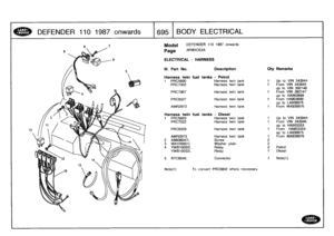 Page 696
DEFENDER
110
1987
onwards

	

`695
I
BODY
ELECTRICAL

13

Model

Page

ELECTRICAL
-
HARNESS

III
.
Part
No
.

Harness
twin
fuel
tanks
1
PRC5600
PRC7002
PRC7867
PRC9327

AMR2972

Note(1)

DEFENDER
110
1987
onwards

AFMXCE2A

Description

-
Petrol
Harness
twintank
Harness
twin
tank

Harness
twin
tank

Harness
twin
tank

Harness
twin
tank

To
convert
PRC5602
where
necessary
.

Qty
Remarks

Up
to
VIN343944
From
VIN343945
up
to
VIN
392146
From
VIN
392147
up
to
HA903698
From
HA903699
up
to
LA939975From...