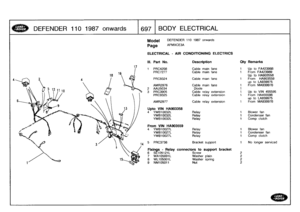 Page 698
DEFENDER
1101987
onwards

	

1697
BODY
ELECTRICAL

17

Model

	

DEFENDER
110
1987
onwards

Page
AFMXCE3A

ELECTRICAL

III
.
Part
No
.
1
PRC4208PRC7277
PRC9324

AMR2976
2
AAU5034
3
PRC3905PRC9325

AMR2977

Upto
VIN
HA903358
4
YWBI0032LYWB10032LYWBI0032L

From
VIN
HA903559
4YWB10027LYWB10027LYWB10027L

5
PRC3738

Fixings
-
Relay
6
SE105121L
7
WA105001L
8
WL105001L
9
NM105011

-
AIR
CONDITIONINGELECTRICS

Description

Cable
main
fans
Cable
main
fans

Cable
main
fans

Cable
main
fans
Diode
Cable
relay...