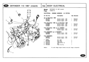 Page 701
DEFENDER
110
1987
onwards

	

1700
BODY
ELECTRICAL

Model

Page

DEFENDER
110
1987
onwards

AFMXCFI
A

ELECTRICAL
-
ENGINE
HARNESS
-
2
.5
PETROL

Note(1)

	

For
split
charge
engine
harnesssee
split
charge
components

Ill
.
Part
No
.

Up
to
November
1
PRC4785
1989

Description

Harness
engine
-
45A

City

1

Remarks

Standard
PRC4021
Harness
engine
-
65A
1
Optional
PRC4096
Harness
engine
-
65A
1
Air
Con
.

From
November
1989
up
to
November
1992
PRC6080
Harness
engine
-
45A
1
Standard
PRC6082
Harness...