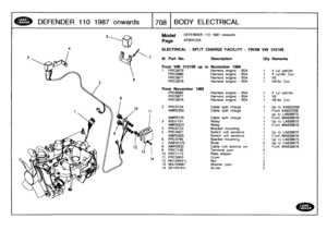 Page 709
DEFENDER
110
1987
onwards

	

708
BODY
ELECTRICAL

Model

Page

ELECTRICAL
-
SPLIT
CHARGE
FACILITY
-
FROM
VIN
310169

DEFENDER
110
1987
onwards

AFMXC13A

die
Con

n

die

n

922208
22209
39975
939976
939975
939976

939975
939976939975
939975939976

III
.
Part
No
.
Description
Oty
Remarks

From
VIN
310169up
to
November
1989
1
PRC5879
Harness
engine
-
65A
1
4
cyl
pet
PRC5880
Harness
engine
-
65A
1
4
cyl-Air
PRC5877
Harness
engine
-
65A
1
V8PRC5878
Harness
engine
-
65A
1
V8-Air
C

From
November
1989...