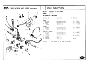 Page 712
DEFENDER
110
1987
onwards
]711
BODY
ELECTRICAL

Model

Page

ELECTRICAL
-
SWITCHES

Note(1)

DEFENDER
110
1987
onwards

AFMXEA1A

Fitted
between
the
lock
body
and
the
clamp
.

Ill
.
Part
No
.

Petrol

Description
Qty
Remarks

1
NTC7855
Lock
steering
column
1
Up
to
LA932973
ANR2848
Lock
steering
column
1
From
LA932974
2
579085
Switch
ignition
1
Up
to
FA415292
PRC8230
Switch
ignition
1
From
FA415293

Diesel
1
NRC3908
Lock
steering
column
1
Up
to
LA932971
ANR2847
Lock
steering
column
1
FromLA932972
2...