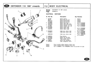 Page 713
DEFENDER
110
1987
onwards

	

17121
BODY
ELECTRICAL

Model

Page

ELECTRICAL
-
SWITCHES

Note(1)Note(2)Note(3)

DEFENDER
110
1987
onwards

AFMXEAIA

Petrol
vehicles
without
steering
column
lockDieselvehicles
without
steering
column
lock
Up
to
LA939975
From
MA939976
switch
incorporated
intolight

III
.
Part
No
.
Description
Qty
Remarks

7
551508
Switch
ignition
1
Note(1)
395141
Barrel
lock
and
keys
1
Note(1)
PRC2734
Switch
heater/starter
1
Note(2)
RTC3022
Barrel
lock
and
keys
1
Note(2)
8
PRC3900
Switch...