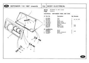 Page 723
DEFENDER
1101987
onwards

	

722
BODY
ELECTRICAL

Model

Page

ELECTRICAL
-
INSTRUMENT
PANEL
AND
COWL

DEFENDER
110
1987
onwards

AFMXIAI
A

111
.
Part
No
.
Description
Oty
Remarks

1
MTC2808
Cowl
1
AMUC3023
Cowl
1
Au
ConLHS
2
A
Z610081Screw
53
AFU1218L
Washer
plain
54
WL105001L
Washer
spring
5
WF702108
Washer
shakeproof55
CZA4705L
Nut
lokut
56
MUC7598
Stiffener
rh
1
RHS
MUC7599
Stiffener
base
1
LHS
AAM222L
Plug
blanking
1

Air
conditioning
7
AB608044L
Screw
4
AFU2636
Screw
4
LHS
8
WF703084
Washer...