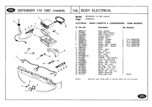 Page 729
DEFENDER
110
1987
onwards

	

17281
BODY
ELECTRICAL

Model

Page

ELECTRICAL
-
RADIO
CASSETTE
&
LOUDSPEAKERS
-
FROM
MA939976

DEFENDER
110
1987
onwards

AFMXKA2A

Note(1)

	

Required
when
fitting
radio
to
vehicles
which
are
not
pre-wired

III
.
Part
No
.
Description
Oty
Remarks

1
AMR3414
Radio
cassette
1
2
PRC9941
Cage
radio
mounting
1
3
XQJ10002
Radio
location
bung
1
4
AMR3294
Harness
speaker
1
5
AMR3417
Speaker
assy
1
6
AMR3840
Spacer
-
speaker
2
From
MA943790
7
AD606074L
Screw
-
speaker
8
Up
to...