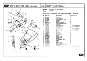 Page 737
DEFENDER
110
1987
onwards

	

1736
BODY
ELECTRICAL

26

DEFENDER
110
1987
onwards

AFMXME3A

ELECTRICAL
-
HEADLAMP
AND
WINDSCREEN
WASH
-
AIR
CON

111
.
Part
No
.
Description
Oty
Remarks

1
PRC5773
Reservoir
1
2
PRC2854
Cap
reservoir
1
3
ADU6409L
Pump
headlamp
wash
1
4
ADU6418LGrommet
1
5
78210Screw
3
6
WF600041L
Washer
shakeproof
3
7
DRC2713L
Pump
windscreen
wash
1
8
RTC5827Grommet
1
9PRC3794
Cable
assembly
1
Up
to
LA939975
AMR2978
Cable
assembly
1
FromMA939976
10
RTC3650
Tubing
A/R
11
PRC5736
Jet...