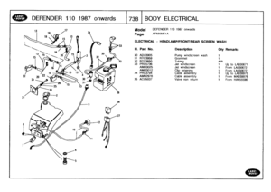 Page 739
DEFENDER
110
1987
onwards[738
-
BODY
ELECTRICAL

Model

Page

ELECTRICAL
-
HEADLAMP/FRONT/REAR
SCREEN
WASH

DEFENDER
110
1987
onwards

AFMXMEIA

III
.
Part
No
.
Description
Oty
Remarks

30
ADU3905
Pump
windscreen
wash
1
31
RTC3959
Grommet
1
32
RTC3650
Tubing
A/R
33
PRC5736
Jet
windscreen
1
Up
to
LA930671
AMR3025
Jet
windscreen
t
FromLA930672
AMR3012
Clip
retaining
1
FromLA930672
34
PRC3794
Cable
assembly
1
Up
to
LA939975
AMR2978
Cable
assembly
1
From
MA939976
35
ACU5037
Valve
non
return
1
From
HA455596 