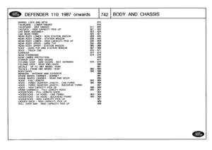 Page 743
DEFENDER
110
1987
on
wards

	

1742
I
BOD
Y
AND
CHASSIS

BARREL
LOCK
AND
KEYS
815
TAILBOARD
-
LOWER
HINGED
816
TAILBOARD
-
SIDE
HINGED
817
-
820
TAILGATE
-
HIGH
CAPACITY
PICK
UP
821
-
822
CAB
BASE
ASSEMBLY
823
-
824
CAB
REARPANEL
825
-
827
REARBODY
LOWER
-
NON
STATION
WAGON
828
-
835
REARBODY
LOWER
-
STATION
WAGON
836
-
843

REARBODY
LOWER
-
HIGH
CAPACITY
PICK
UP
844
-
854
REARBODY
UPPER
-
HARDTOP
855
-
859
REARBODY
UPPER
-
STATION
WAGON
860
-
866

ROOF
-
HARD
TOP
AND
STATION
WAGON
867
-
869
ROOF
-...