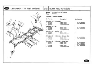 Page 744
DEFENDER
110
1987
onwar
ds

	

17431
BOD
Y
AND
CHASSIS

25

Model

	

DEFENDER
110
1987
onwards

Page
AFNXAA1A

CHASSIS
-
CHASSIS
FRAME

III
.
Part
No
.
Description
Qty
Remarks

Defender
110
-
4
Cylinder
1
NTC7843
Chassis
frame
1
Up
to
LA939975
NTC9481
Chassis
frame
1
From
MA939976
2
ANR2054
Crossmember
rear
1

Defender
110
-
V8
1
NTC7844
Chassis
frame
t
Up
to
LA939975
NTC9485
Chassis
frame
1
From
MA939976
2
ANR2054
Crossmember
rear
1

Defender
110
-
300TDI
only
t
NTC9493
Chassis
frame
2ANR2054...