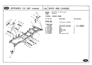 Page 746
DEFENDER
110
1987
onwards

	

1745
BODYAND
CHASSIS

25

Model

	

DEFENDER
110
1987
onwards

Page
AFNXAAIA

CHASSIS
-
CHASSIS
FRAME

III
.
Part
No
.
Description
oty
Remarks

Square
type
18
NRC7768
Crossmember
detachable
1

Tubular
type
NTC1963
Crossmember
detachable
1
Up
to
HA906308
NTC9262
Crossmember
detachable
1
From
HA906309
19
BH110201L
Bolt
4
20
SH110251L
Screw
421
WC110061
L
Washer
plain
12
22
WL110001L
Washer
spring
8
23
NRC5485
Washer
4
24
NH
110041L
Nut
825
NRC6935
Plug
jacking
bracket
2 