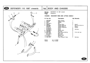 Page 750
DEFENDER
1101987
onwards

	

749
BODYAND
CHASSIS

Model

	

DEFENDER
110
1987
onwards

Page
AFNXAGIA

CHASSIS
-
RECOVERY
RING
AND
LIFTING
HANDLE

NTC5116

rear

Note(1)

	

Up
to
314291
Note(2)

	

From
314292

III
.
Part
No
.
Description
Oty
Remarks

1
NRC5396
Ring
recovery
1
2
562756
Distance
Piece
1
3
4233Washer
2
4
NH116041L
Nut
4
5
300816
Handle
lifting
2
Note(1)
6
NRC5606
Handle
lifting
RH
1
NLA
use
NRC5607
Handle
lifting
LH
1
Note(1)
NTC5116
Handle
lifting-black
2
Note(2)
7
SH108161L
Screw
8...