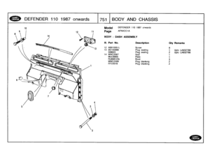 Page 752
DEFENDER
110
1987
onwards

	

751
:[BODY
AND
CHASSIS

10
Model

Page

BODY
-
DASH
ASSEMBLY

DEFENDER
110
1987
onwards

AFNXCC1A

3279832798

III
.
Part
No
.
Description
Oty
Remarks

12
AB610051L
Screw
8
13
BD155888
Plug
sealing
1
Upto
LA
338023
Plug
sealing
2
Upto
LA
14
MWC2567
Seal
1
MUC6905
Plate
1
RU608123L
Rivet
3
MWC2309
Plug
blanking
2
RTC5519
Plug
blanking
2 