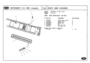 Page 754
D
EFENDER
110
1987
onwards
_
L75
1
3
BODYAND
CHASSIS

Model

Page

DEFENDER
110
1987
onwards

AFNXCC3A

7
AFU2636

	

Screw

	

2
LHS

BODY
-
DASH
VENTILATOR
-
AIR
CON

III
.
Part
No
.
Description
City
Remarks

1
MTC6109
Finisher
dash
ventilator
2
2
MTC6015
Washer
sealing
6
3
WA104001L
Washer
plain
6
4
WW104001
Washer
wave
6
5
NH104041L
Nut
6
6
MUC3498
Front
plate
RHS
1
MXC8575
Front
plate
LHS
1

Fixing
-
Front
plateto
crash
rail 