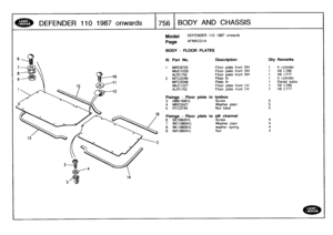 Page 757
DEFENDER
110
1987
onwards

	

7
56
1

BODY
AND
CHASSIS

Model

Page

DEFENDER
110
1987
onwards

AFNXCGIA

BODY
-
FLOOR
PLATES

Ill
.
Part
No
.
Description
Oty
Remarks

1
MRC9720
Floor
platefront
RH
1
4
cylinder
MUC1228
Floor
platefront
RH
1
V8
LT85
ALR1742
Floorplate
front
RH
1
V8
LT77
2MTC2248
Plate
Ih
1
4
cylinder
MTC2248
Plate
ih
1
Diesel
turbo
MUC1227
Floor
plate
front
LH
1
V8
LT85
ALR1743
Floor
plate
front
LH
1
V8LT77

Fixings
-
Floorplate
to
toebox
3
A914061
L
Screw
5
4
MRC5527
Washer
plain
55...