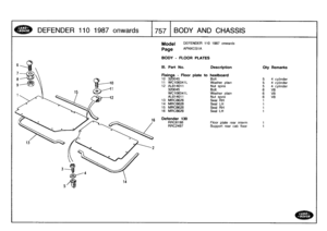 Page 758
DEFENDER
110
19
87o
nw
a
r
ds

	

7]
:
57

	

BODY
AND
CHASSIS

Model

Page

DEFENDER
110
1987
onwards

AFNXCGIA

BODY
-
FLOOR
PLATES

III
.
Part
No
.

	

Description

	

Qty
Remarks

Fixings
-
Floor
plate
to
heelboard
10
320045
Bolt
54
cylinder
11
WC106041L
Washer
plain
54
cylinder
12
AL614011
Nut
spire
54
cylinder
320045
Bolt
6
V8
WC106041
L
Washer
plain
6
VS
AL614011
Nut
spire
6
VS
13
MRC8626
Seal
RH
1
14
MRC8626
Seal
LH
1
15
MRCS626
Seal
RH
1
16
MRC8626
Seal
LH
1

Defender
130
RRC6198
Floor
plate...