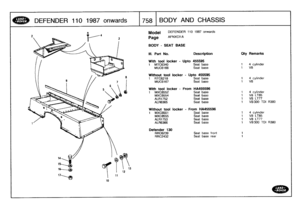 Page 759
DEFENDER
110
1987
onwards

	

758
BODYAND
CHASSIS

Model

Page

DEFENDER
110
1987
onwards

AFNXCl1
A

R380
R380

BODY
-
SEAT
BASE

III
.
Part
No
.
Description
Oty
Remarks

With
tool
locker
-
Upto
455595
1
MTC6340
Seat
base
1
4
cylinder
MUC6166
Seat
base
1
V8

Without
tool
locker
-
Upto
455595
1
RTC6218
Seat
base
1
4
cylinder
MUC6167
Seat
base
1
V8

With
tool
locker
-
FromHA455596

1
MXC8552
Seat
base
1
4
cylinder

MXC8554
Seat
base
1
V8LT85

ALR1752
Seat
base
1
V8LT77
ALR6365
Seat
base
1
V8/300
TDI...