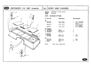 Page 762
DEFENDER
110
1987
onwards

	

1761
BODY
AND
C
HA
SS
I
S

Model

Page

BODY
-
SEATBASE
FITTINGS

Note(1)

DEFENDER
110
1987
onwards

AFNXC12A

When
centre
console
fitted

111
.
Part
No
.
Description
Oty
Remarks

V8
7MTC4215
Cover
centre
Up
to
FA413237
MTC4197
Cover
centre
Up
to
FA413237
Note(1)
MXC6312
Cover
centre
From
FA413238
Up
to
455961
MXC9117
Cover
centre
From
HA455962

All
variants
8
AB610051L
Screw
49
WC106041L
Washer
plain
410
53K3039L
Nut
spire
4

4
Cylinder
11
MTC2203
Plate
cover
t
RHS...