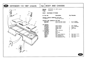 Page 763
DEFENDER
110
1987
onwards

	

1762
BODY
AND
CHASSIS

Model

Page

DEFENDER
110
1987
onwards

AFNXC12A

BODY
-
SEATBASE
FITTINGS

III
.
Part
No
.

	

Description

	

Oty
Remarks

Vehicles
without
additional
fuel
tank
13
ALR5113

	

Cover
tools
access

	

1

Vehicles
with
additional
fuel
tank
MUC4499

	

Cover
fuel
tank
access

	

1

	

Up
to
455595
MXC7373

	

Cover
fuel
tank
access

	

t

	

From
HA455596

All
Variants
MRC8136

	

Angle
locating

	

1

	

Upto
455595

MXC6338

	

Angle
locating

	

1...