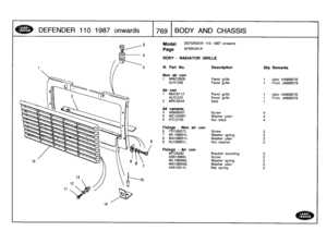 Page 770
DEFENDER
1101987onwards

	

769
[BODY
AND
CHASSIS

14

Model

Page

DEFENDER
110
1987
onwards

AFNXDA1A

BODY
-
RADIATOR
GRILLE

111
.
Part
No
.

Non
air
con

Description
Oty
Remarks

1
MWC2926
Panel
grille
1
Upto
HA906578ALR1339
Panel
grille
1
FromJA906579

Air
con
1
MUC6112
Panel
grille
t
Upto
HA906578ALR1522
Panel
grille
1
FromJA906579
2MRC9544
Seal
1

All
variants
3
AB606057Screw
4
4
WC105007
Washer
plain
4
5
RTC3745
Nut
lokut
4

Fixings
-
Non
air
con
6
FS108207L
Screw
27
WL108001
L
Washer
spring
2...