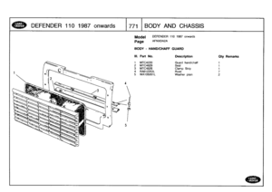 Page 772
DEFENDER
110
1987
onwards

	

771
:[BODY
AND
CHASSIS

Model

Page

DEFENDER
110
1987
onwards

AFNXDA2A

BODY
-
HAND/CHAFF
GUARD

III
.
Part
No
.
Description
Oty
Remarks

1
MTG4220
Guard
hand/chaff
1
2
MTC4829
Seal
1
3
MTC4826
Clamp
Strip
1
4
RA612253L
Rivet
75
WA105001L
Washer
plain
2 