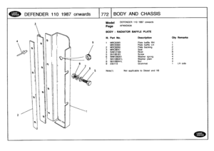 Page 773
DEFENDER
110
1987
onwards
:1772
BODY
AND
CHASSIS

Model

Page

DEFENDER
110
1987
onwards

AFNXDA3A

BODY
-
RADIATOR
BAFFLE
PLATE

9

Note(l)
Not
applicable
toDiesel
and
V8

III
.
Part
No
.
Description
Oty
Remarks

1
MRC9393
Plate
baffle
RH
1

MRC9394
Plate
baffle
LH
1

2
MRC8269
Plate
backing2
3
MSC8047
Seal
2

4
RA612183
Rivet
8
5
SH106161
Screw
4
6
WMI06001
Washer
spring
4
7
WA106041L
Washer
plain
4

8
NH106041L
Nut4

9
235113
Grommet
t
LH
side 