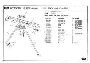 Page 774
DEFENDER
110
1987onwards

	

773
BODY
AND
CHASSIS

Model

Page

BODY
-
GRILLE
TOP
PANEL
AND
BRACES

DEFENDER
110
1987
onwards

AFNXDC1A

36664
36665236032360436664
on
36665
36665

on
2

	

Air
con

2974529746

III
.
Part
No
.
Description
My
Remarks

1
MUC4806
Panel
grille
top
Upto
FA
MXC7732
Panel
grille
top
From
FA
Upto
KA
ALR4564
Panel
grille
top
1
From
KA
2
FS108207L
Screw
4Upto
FA
FS108251L
Screw
4
Non
Air
FromFA
SH108351L
Screw
4
Air
Con
FromFA
3
WL708001L
Washer
spring
44
WA108051L
Washer
plain...