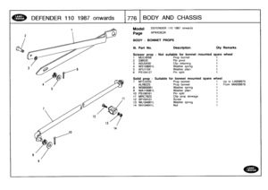 Page 777
DEFENDER
110
1987
onwards

	

776
BODYAND
CHASSIS

Model

Page

BODY
-
BONNET
PROPS

Solid
prop
-

DEFENDER
110
1987
onwards

AFNXDE2A

Suitable
for
bonnet
mounted
spare
wheelUp
to
LA939975From
MA939976
7MTC2220
Prop
bonnet
1
ALR6225
Prop
bonnet
I
8
WS600061
Washer
spring
1
9
WA110061L
Washer
plain
i

10
PS106161
Pin
split
t
11
MRC7623
Clip
prop
stowage
1
12
SP704101
Screw
t
13
WL104001L
Washer
spring
1
14
NH104041L
Nut
1

Ill
.
Part
No
.
Description
Qty
Remarks

Scissor
prop
-
Not
suitablefor
bonnet...